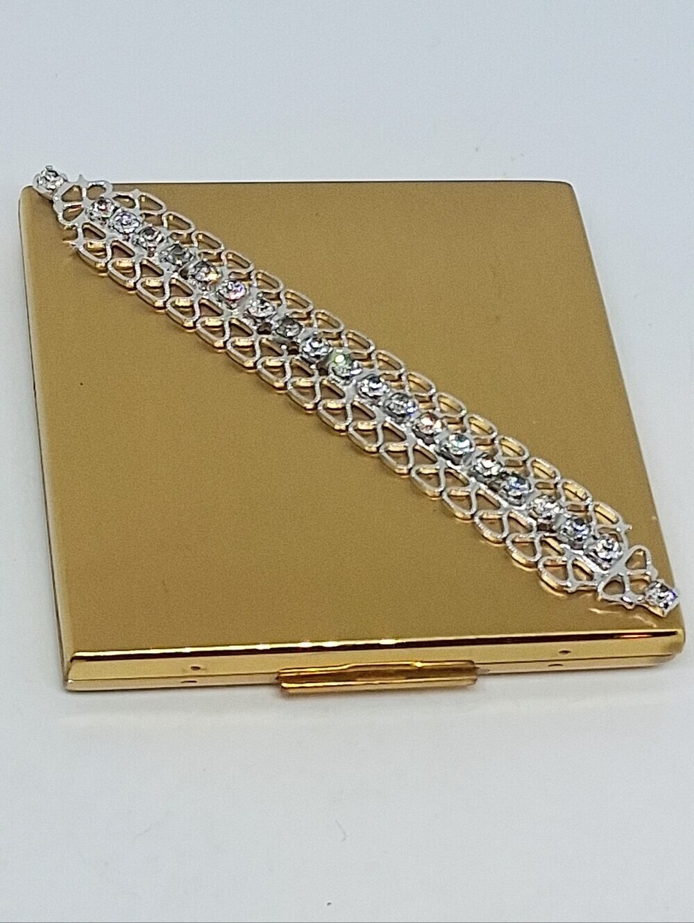* Vintage Elgin America Make Up Mirror Compact Case Gold Tone & Rhinestones